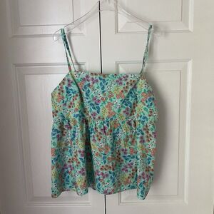 J. Crew Factory‎ Women's Top 14 Tie Back Strappy Blouse Aqua Floral Peplum Bow